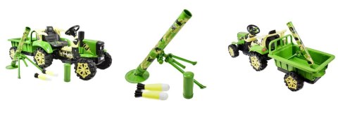 TRAKTOR NA AKUMULATOR ZIELONY Z PRZYCZEPĄ + MOŻDZIERZ, MIĘKKIE SIEDZENIE,PILOT/HSD6606