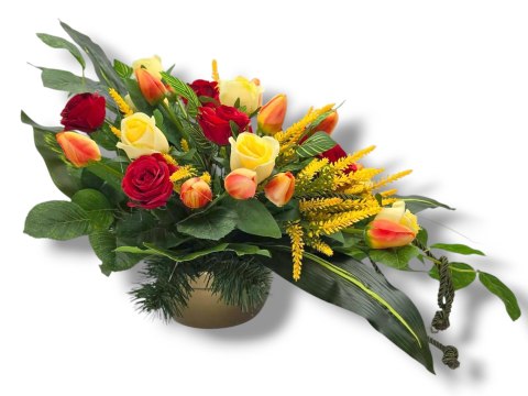 STROIK XXL KOMPOZYCJA KWIATOWA MISA Z OBCIĄŻENIEM NA GRÓB CMENTARZ RÓŻE TULIPANY