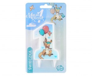 Świeczka Cyfra na Roczek - 1 Urodziny Kangurek, niebieska