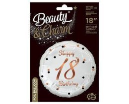 Balon foliowy Happy 18 Birthday, biały, nadruk różowo-złoty, 18'
