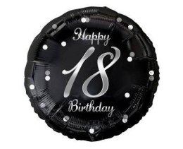 Balon foliowy Happy 18 Birthday, czarny srebrny nadruk, 46 cm