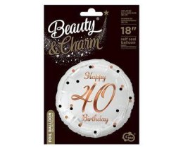 Balon foliowy Happy 40 Birthday, biały, nadruk różowo-złoty, 18'