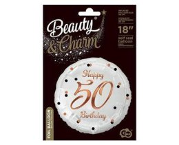 Balon foliowy Happy 50 Birthday, biały, nadruk różowo-złoty, 18'