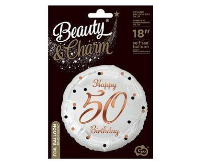 Balon foliowy Happy 50 Birthday, biały, nadruk różowo-złoty, 18'