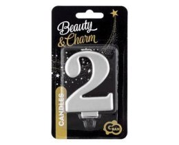 Świeczka cyferka 2, metalik srebrna 8 cm