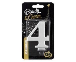 Świeczka cyferka 4, metalik srebrna 8 cm