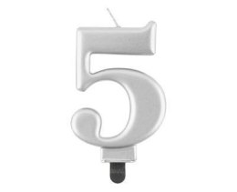 Świeczka cyferka 5, metalik srebrna 8 cm