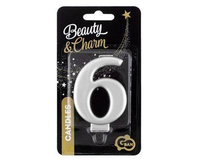 Świeczka cyferka 6, metalik srebrna 8 cm