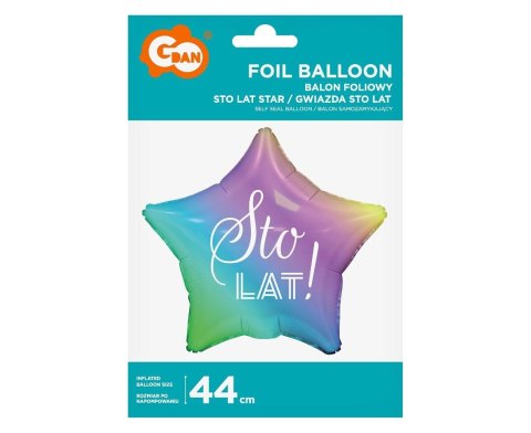 Balon Foliowy, Gwiazda tęczowa Sto Lat, 44cm