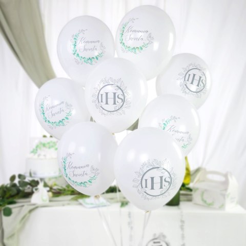Balony Pierwsza Komunia Święta IHS, srebrne, 30cm, 6 szt.