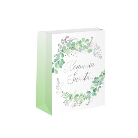 Torebka na prezenty komunijne, eukaliptus, srebrny duża