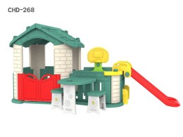 Duży Domek ogrodowy 5w1 dla dzieci + Zjeżdżalnia + Koszykówka + Ogródek + Stolik + 2 Krzesełka Zielony Dach