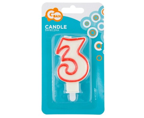 Godan - Świeczka cyferka "3", czerwony kontur 7 cm