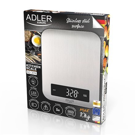 Adler | Waga kuchenna | AD 3174 | Maksymalna waga (nośność) 10 kg | Podziałka 1 g | Typ wyświetlacza LED | Inox