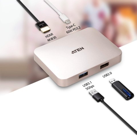 Aten | USB-C 4K Ultra Mini Dock z Power Pass-through | Porty Ethernet LAN (RJ-45) | Porty VGA (D-Sub) w ilości | Porty USB 3.0 (
