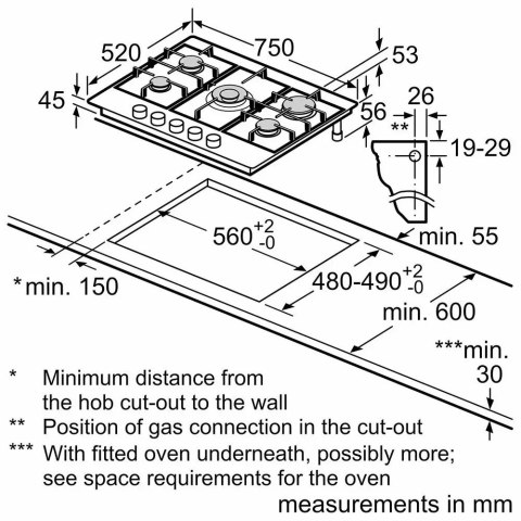 Bosch | PGQ7B5B90 | Hob | Gas | Number of burners/cooking zones 5 | Rotary knobs | Stainless steel