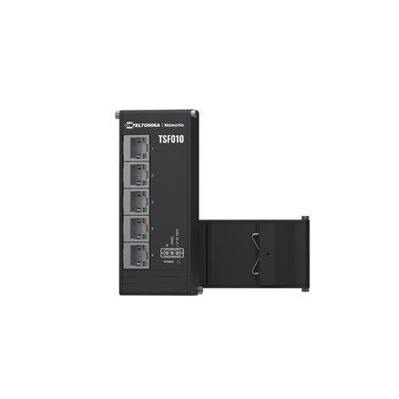 Teltonika TSF010 Unmanaged Industrial Switch, 3-pin industrial DC power socket, 7 - 57 VDC, Integrated DIN rail bracket
