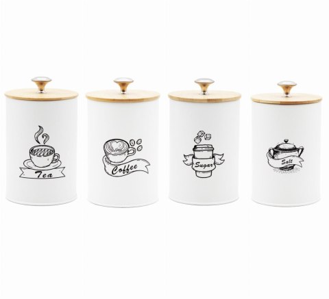 KOMPLET 4 POJEMNIKÓW KAWA HERBATA CUKIER SÓL 16X9,5CM BRUNBESTE BB-2674 (NAPISY ENG)