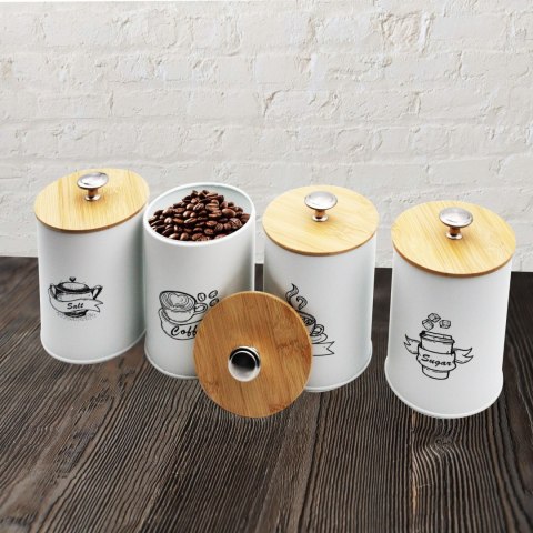 KOMPLET 4 POJEMNIKÓW KAWA HERBATA CUKIER SÓL 16X9,5CM BRUNBESTE BB-2674 (NAPISY ENG)