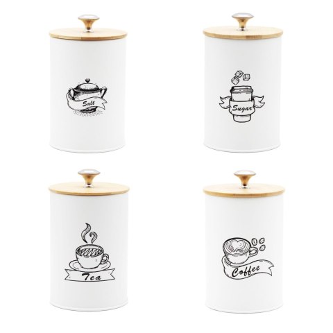 KOMPLET 4 POJEMNIKÓW KAWA HERBATA CUKIER SÓL 16X9,5CM BRUNBESTE BB-2674 (NAPISY ENG)
