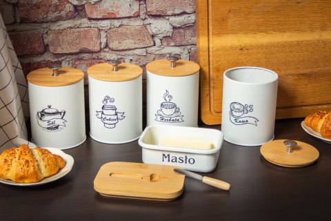 KOMPLET 5 POJEMNIKÓW KAWA HERBATA CUKIER SÓL + MASELNICZKA 15X11CM BRUNBESTE BB-2689 (NAPISY PL)