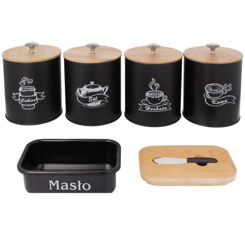 KOMPLET 5 POJEMNIKÓW KAWA HERBATA CUKIER SÓL + MASELNICZKA 15X11CM BRUNBESTE BB-2690 (NAPISY PL)
