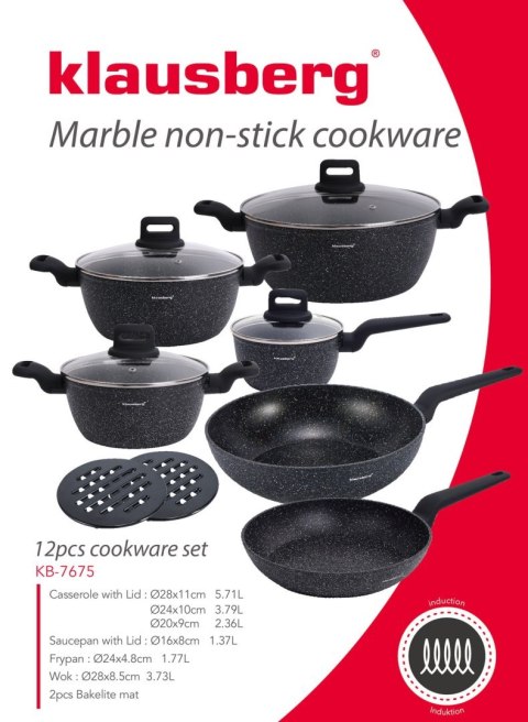 KOMPLET GARNKÓW Z MARMURKOWĄ POWŁOKĄ NIEPRZYWIERAJĄCĄ 12-ELE KLAUSBERG KB-7675