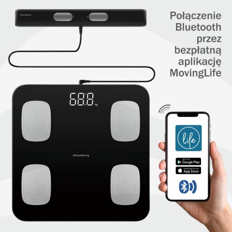 WAGA ŁAZIENKOWA Z POMIAREM TKANKI TŁUSZCZOWEJ I SKŁADU CIAŁA, SMART, BT, KLAUSBERG KB-7852 CZARNA