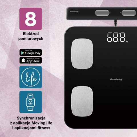 WAGA ŁAZIENKOWA Z POMIAREM TKANKI TŁUSZCZOWEJ I SKŁADU CIAŁA, SMART, BT, KLAUSBERG KB-7852 CZARNA