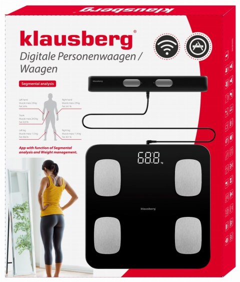 WAGA ŁAZIENKOWA Z POMIAREM TKANKI TŁUSZCZOWEJ I SKŁADU CIAŁA, SMART, BT, KLAUSBERG KB-7852 CZARNA
