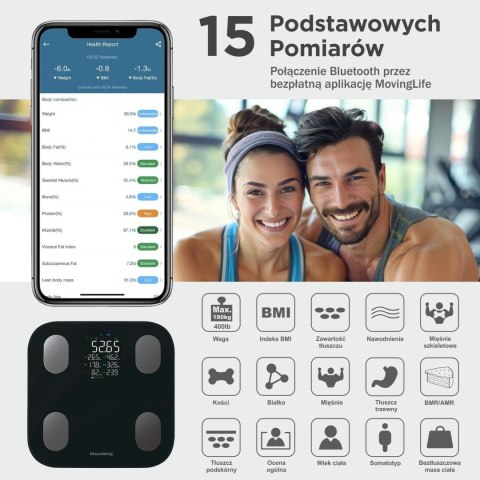 WAGA ŁAZIENKOWA Z POMIAREM TKANKI TŁUSZCZOWEJ I SKŁADU CIAŁA, SMART, BT, KLAUSBERG KB-7854 CZARNA