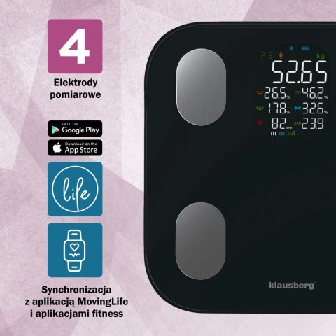 WAGA ŁAZIENKOWA Z POMIAREM TKANKI TŁUSZCZOWEJ I SKŁADU CIAŁA, SMART, BT, KLAUSBERG KB-7854 CZARNA