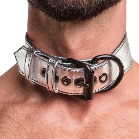 OBROŻA BONDAGE FETISH METALLIC PUP COLLAR WITH LEASH