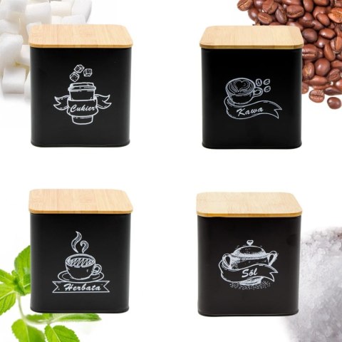 ZESTAW 4 POJEMNIKÓW KAWA HERBATA CUKIER SÓL BRUNBESTE BB-4263 (NAPISY PL)