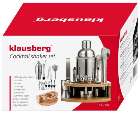 ZESTAW BARMAŃSKI DO DRINKÓW KOKTAJLI 12-ELE SHAKER SREBRNY KLAUSBERG KB-7655