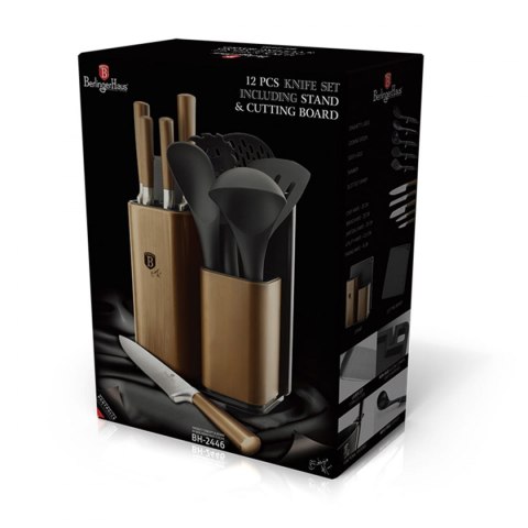 ZESTAW NOŻY Z PRZYBORAMI KUCHENNYMI I DESKĄ DO KROJENIA 12-ele BERLINGER HAUS ROSEGOLD BH-2446