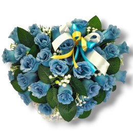 STROIK NA POMNIK SERCE KOMPOZYCJA KWIATOWA NIEBIESKIE RÓŻE SERDUSZKO NA GRÓB