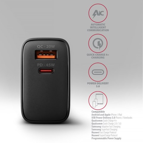 AXAGON GaN wallcharger 2x port (USB-A + USB-C), PD3.0/PPS/QC4+/SFC2.0/AFC/SCP/FCP/Apple, 45W | ACU-PQ45