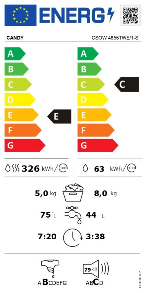 Candy Washing Machine with Dryer | CSOW 4855TWE/1-S | Energy efficiency class C/E | Front loading | Washing capacity 8 kg | 1400