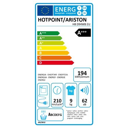 Hotpoint Dryer machine H8 D94WB EU Energy efficiency class A+++, Front loading, 9 kg, Condensation, LCD, Depth 64.9 cm, White