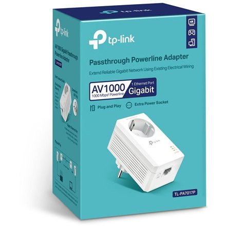 TP-LINK | AV1000 Gigabit Passthrough Powerline Adapter | TL-PA7017P | 1000 Mbit/s | Porty Ethernet LAN (RJ-45) 1 | Brak Wi-Fi |