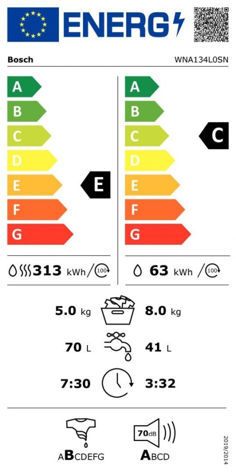 Bosch | WNA134L0SN | Serie 4 Washing Machine With Dryer | Energy efficiency class C | Front loading | Washing capacity 8 kg | 14
