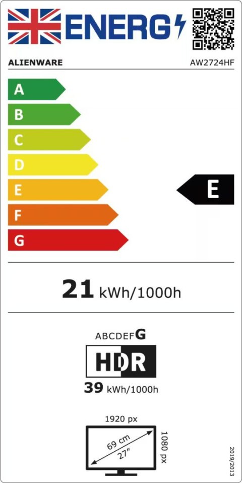Dell | AW2724HF | 27 " | IPS | FHD | 16:9 | 0,5 ms | 400 cd/m² | Czarny | Porty HDMI w ilości 1 | 360 Hz