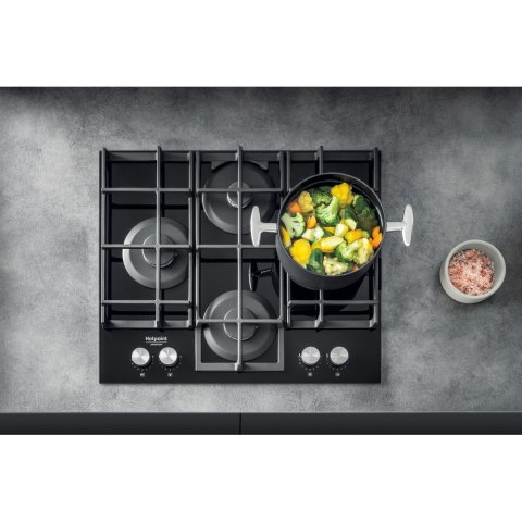 Hotpoint | HAGS 61F/BK | Hob | Gas on glass | Number of burners/cooking zones 4 | Rotary knobs | Black