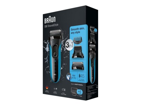Braun | Golarka z trymerem | Series 3 Shave&Style 3010BT | Czas pracy (maks.) 45 min | Na mokro i sucho | NiMH | Czarny/Niebiesk