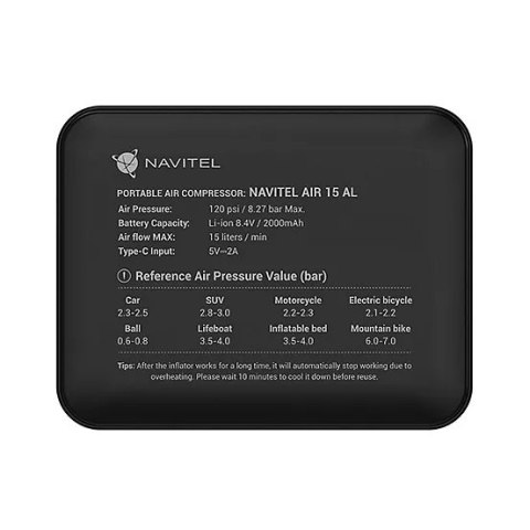 Navitel | 120 PSI / 8.27 bar | Przenośna Kompresor powietrza AIR 15 AL | Kompresor Powietrza