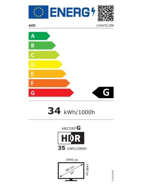 AOC | Monitor | U34V5C/BK | 34 " | VA | 21:9 | 100 Hz | 4 ms | 3440 x 1440 pikseli | Porty HDMI w ilości 1 | Czarny