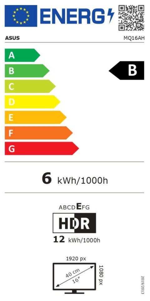 Asus | Monitor | MQ16AH | 15,6 " | OLED | 16:9 | 60 Hz | 1 ms | Nie | 1920 x 1080 | 360 cd/m² | Ilość portów HDMI 1