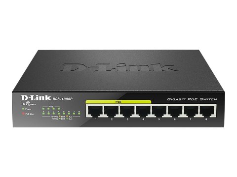 D-Link | 8-portowy przełącznik Gigabit PoE (4xPoE) | DGS-1008P | Niezarządzany | Desktop | Typ zasilania Zewnętrzny