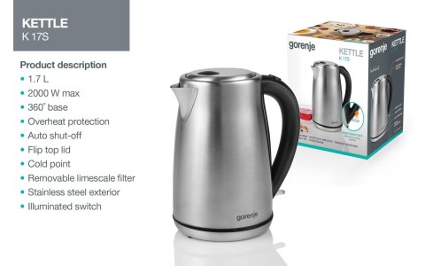 Gorenje | Kettle | K17S | Electric | 2000 W | 1.7 L | Stainless steel | 360° rotational base | Stainless steel